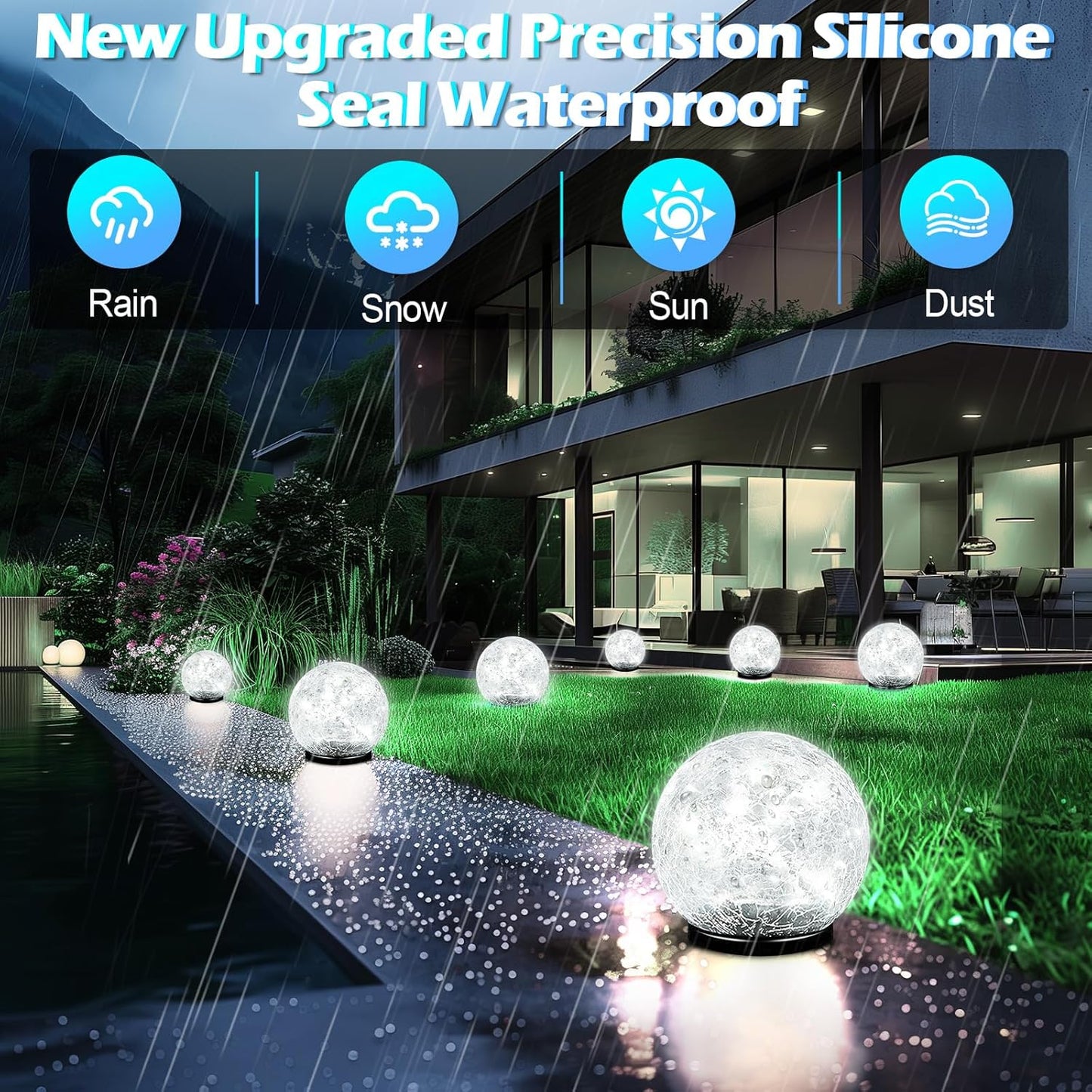 Garden Solar Ball Lights Outdoor Waterproof, 50 LED Cracked Glass Globe Power Ground for Path Yard Patio Lawn, Outdoor Decoration Landscape White (2 Pack 4.7'')