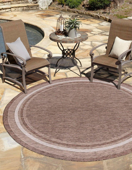 Unique Loom Outdoor Border Collection Area Rug - Soft Border (10' Round Brown/Ivory)