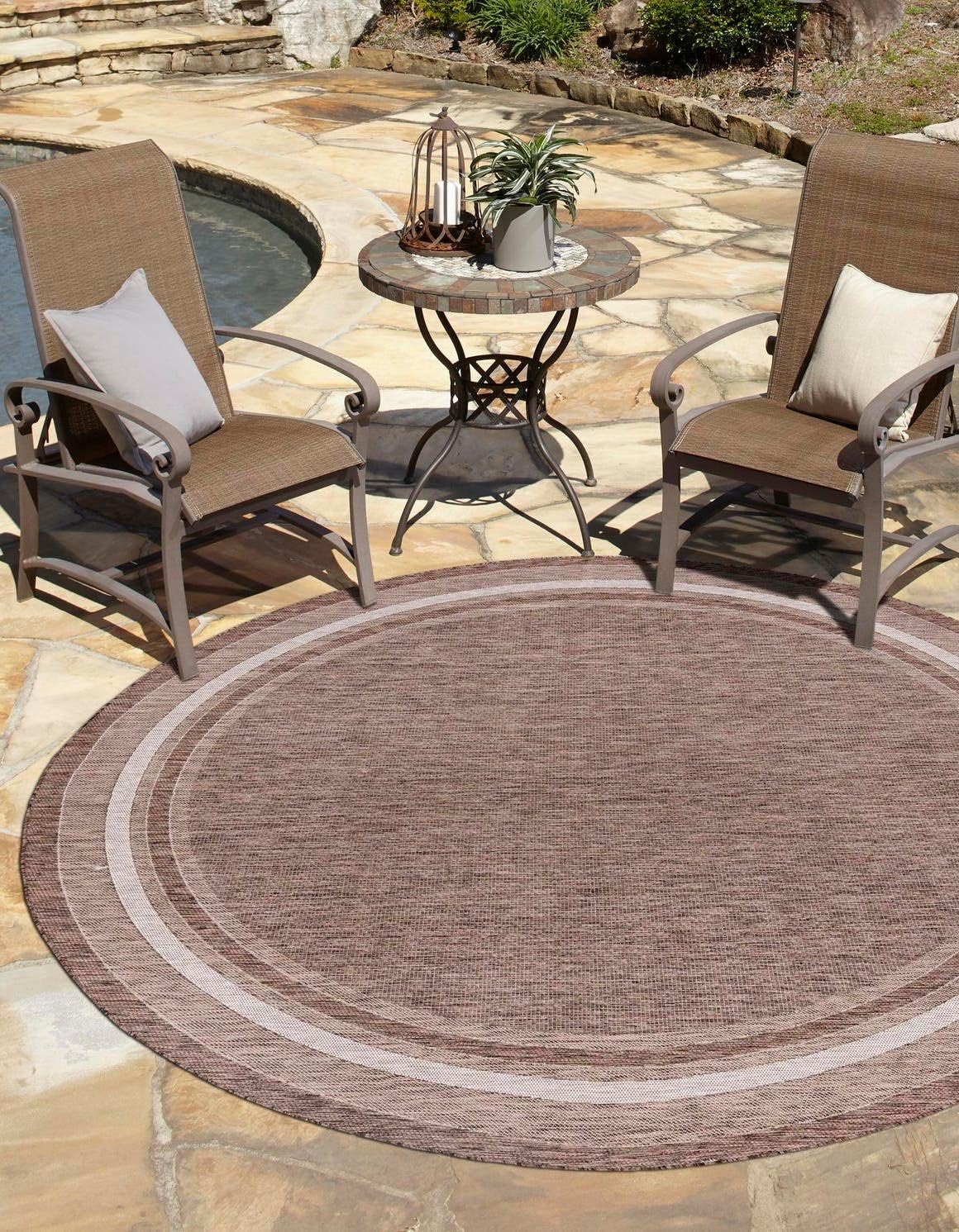 Unique Loom Outdoor Border Collection Area Rug - Soft Border (6' 1" Round Brown/Ivory)