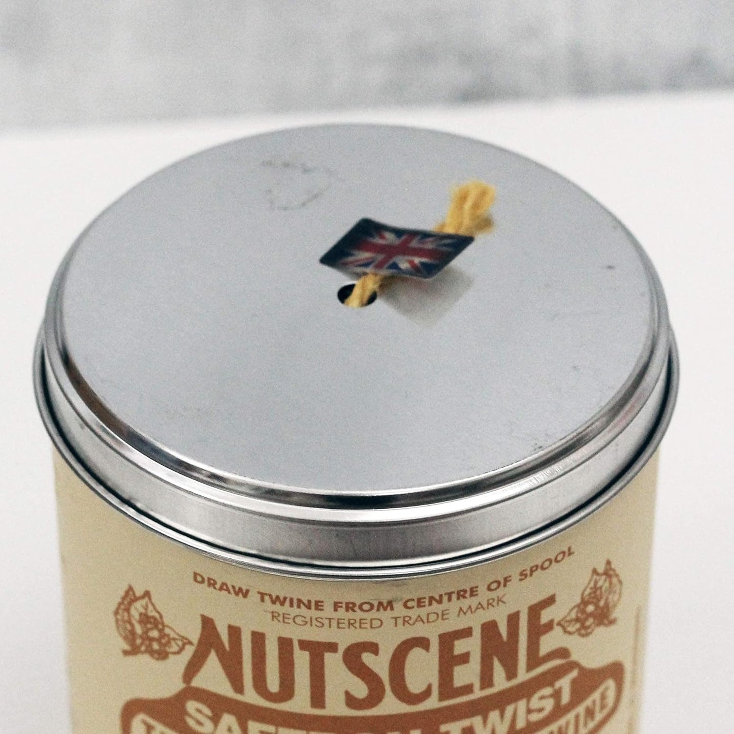 NUTSCENE Iconic Tin (Tin ‘O’ Twine) with Their Heritage Scottish Jute Twine and Hole in Top for Easy Dispensing. 14 Colors to Choose from. 164 Yards. (Saffron)