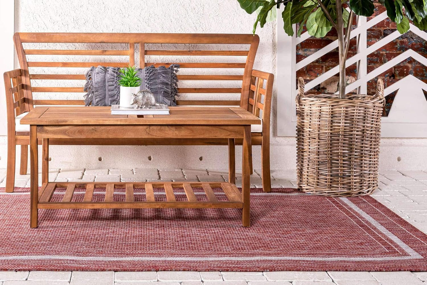 Unique Loom Outdoor Border Collection Area Rug - Soft Border (9'x 12' Rectangle, Rust Red/ Ivory)