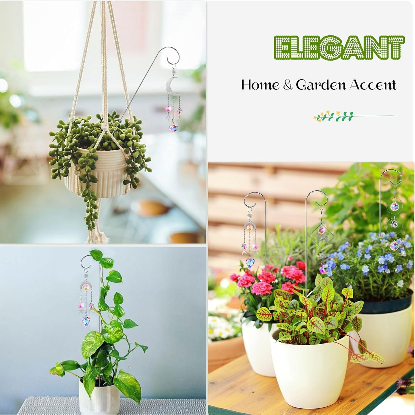 HDCRYSTALGIFTS 4 Pack Small Trellis with Crystal Sun Catchers for Potted Plants Decorations 13.5'' Indoor Plant Stake Suncatcher Accessories for Home Window Garden, Sliver