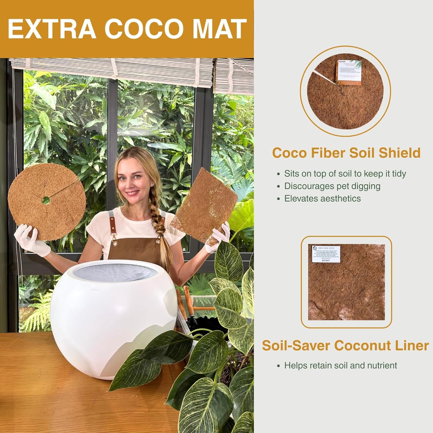 12.8" H x 16" D Globo Fiberstone Round Planter with Drainage Hole, Weather Resistant, Smooth Finish, Planters for Indoor Plants & Outdoor, 2 Extra Coco Mats (Kilim Beige, 10.7" Pot Opening)