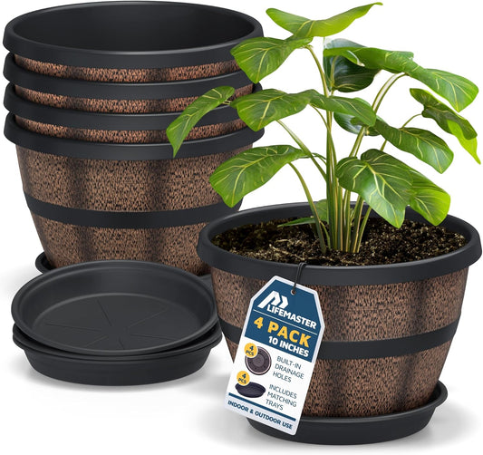 10-Inch Whiskey Barrel Planters Outdoor Pack of 4, Plastic Decoration Plant Pots for Indoor & Outdoor Use with Drainage & Saucer, Rustic Garden Planters for Flowers, Small Plants & Herbs