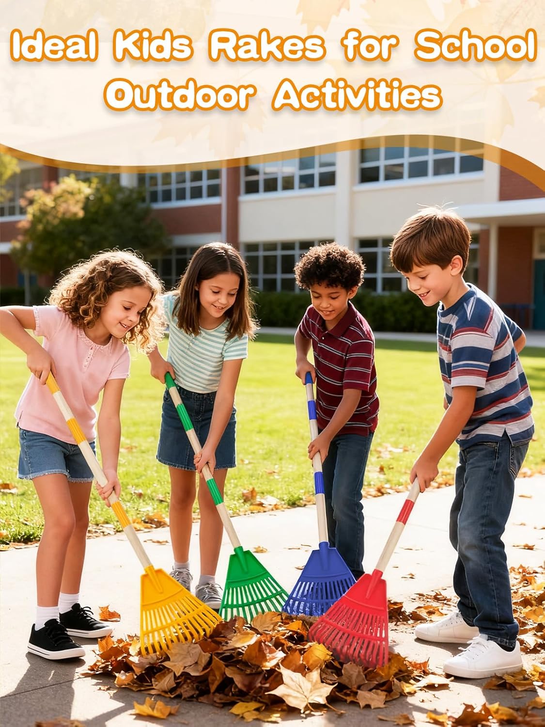 4 Pcs 34" Lightweight Kids Rakes with Wood Handle - Plastic Garden Rake for Leaves, Safe to Use Kid Yard Tools for Boys Girls Fall School Outdoor Activities (Red, Yellow, Blue, Green)