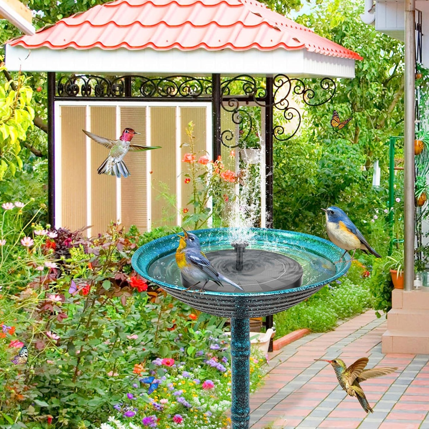 Metal Bird Bath for Outside, Freestanding Garden Metal Birdbaths with Stable Upgrades Stake, Easy to Clean Birdfeeder for Outdoors Garden Yard Lawn Decor(Blue)