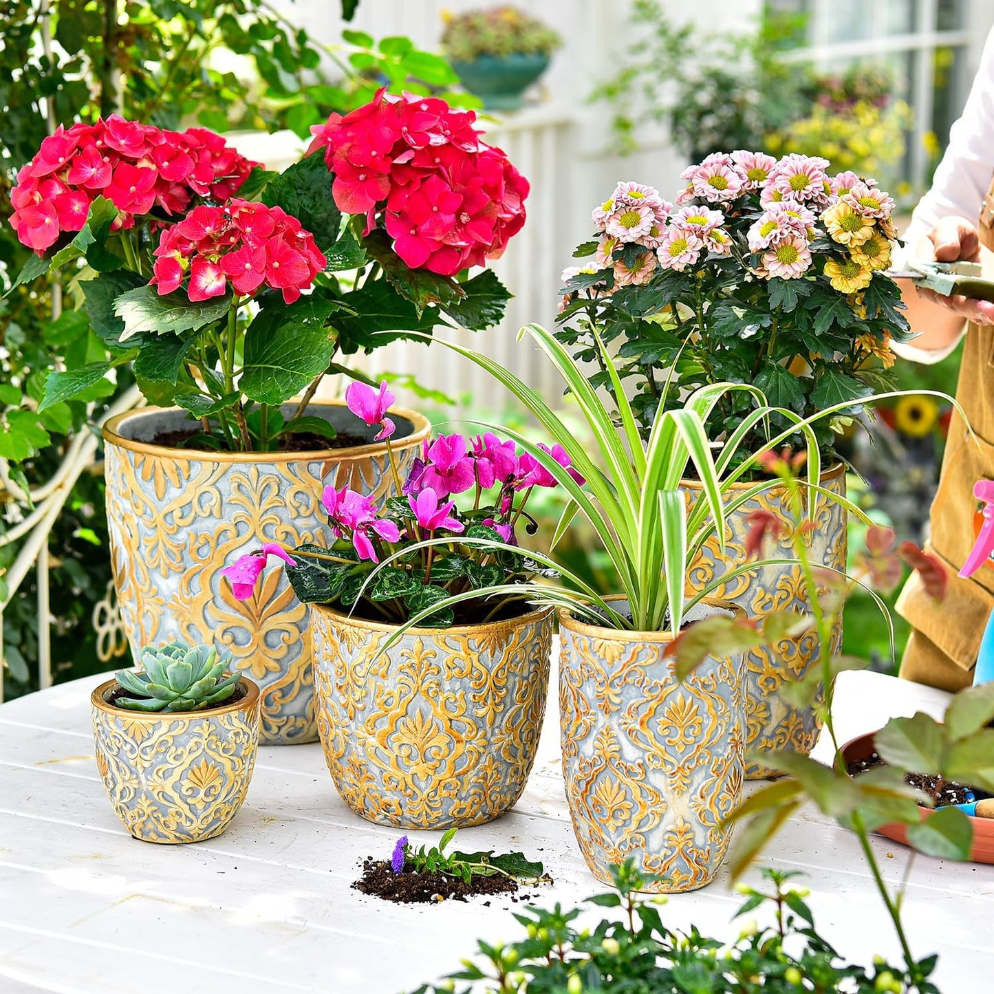 Sungmor Large Heavy Duty Cement Planters, Beautiful Embossed Concrete Garden Pots, 8" & 10" Set of 2 Plant Pots with Drainage Hole, Home Garden Decorative Flower Pots for Indoor Outdoor Plants Floral