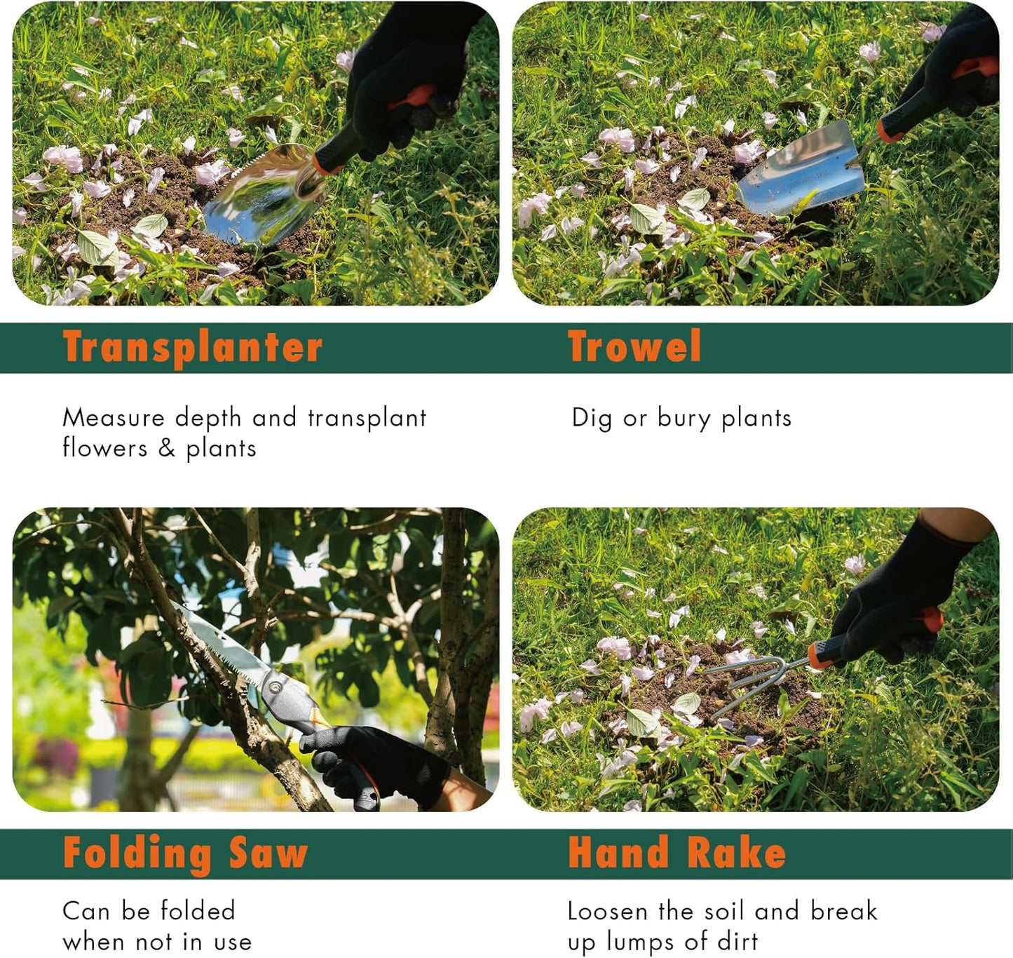 DTRK 8-Piece Large Garden Tool Set 304 Stainless Steel Garden Tool Kit with Handbag,Pruning Shears,Gloves Heavy Duty Gardening Hand Tools with Non-Slip Rubber Grip,Ideal Gifts for Women & Men Orange