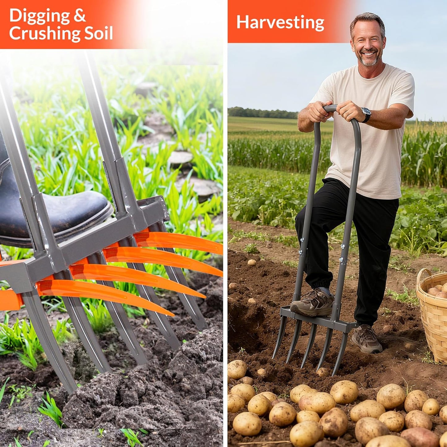 Walensee Broad Fork Garden Tool, 9 Tines Heavy Duty Broadfork Hand Tiller, 2-in-1 Garden Pitchfork with Ergonomic U-Shaped Handle, Spading Digging Fork for Gardening, Cultivating