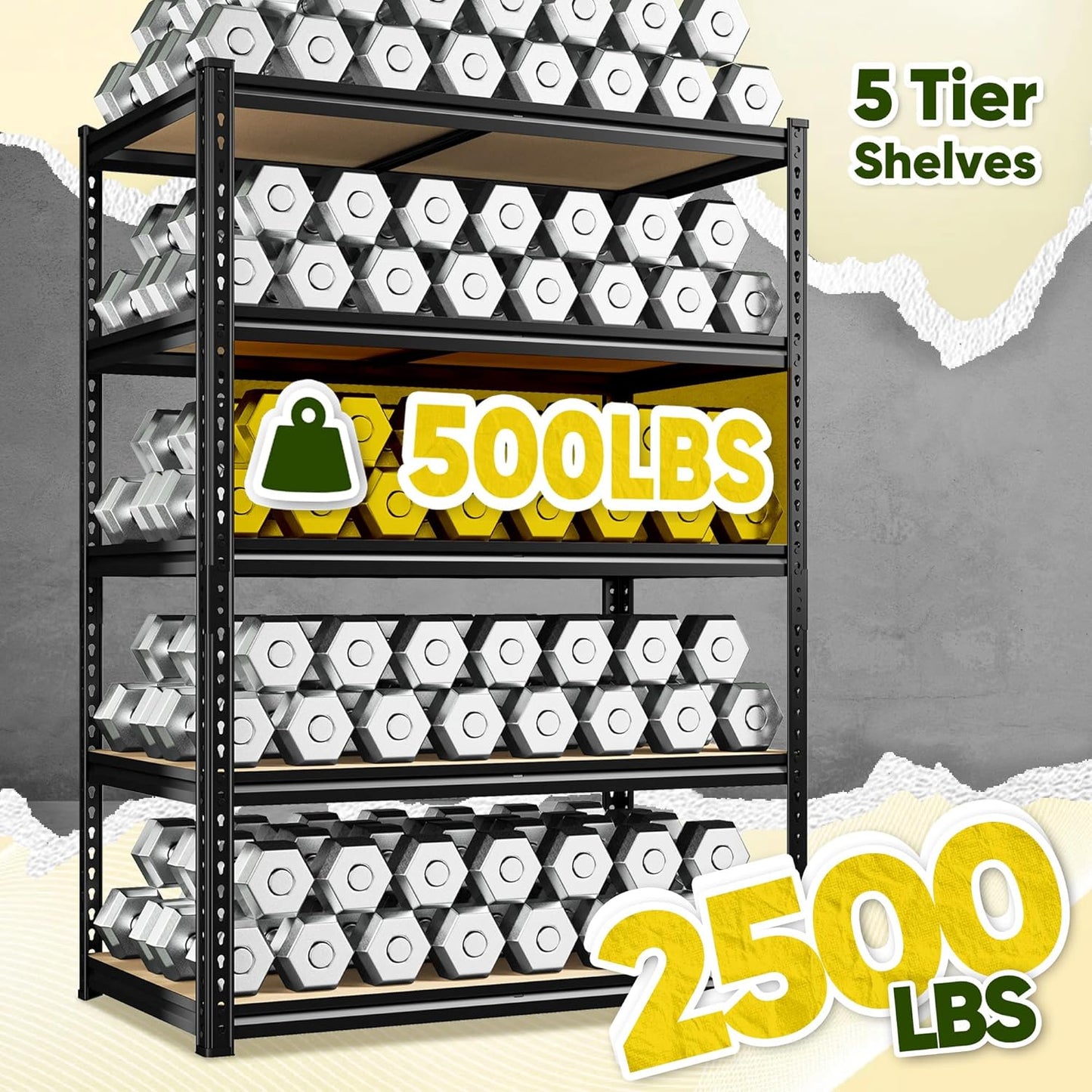 72" H Garage Shelving, 5 Tier Storage Shelves Load 2500 lbs, Adjustable Garage Shelves, Metal Shelving Unit for Warehouse, Basement, Pantry, 40" Wx 16" D x 72" H, Black