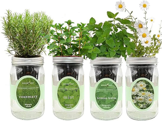 Hydroponic Mason Jar Organic Herbal Tea Seed Starter Kits - Herbal Tea Garden Growing Kits, Gardening Gift, Grow Your Own Herbal Teas Indoor (Chamomile, Mint, Lemon Balm, Rosemary)