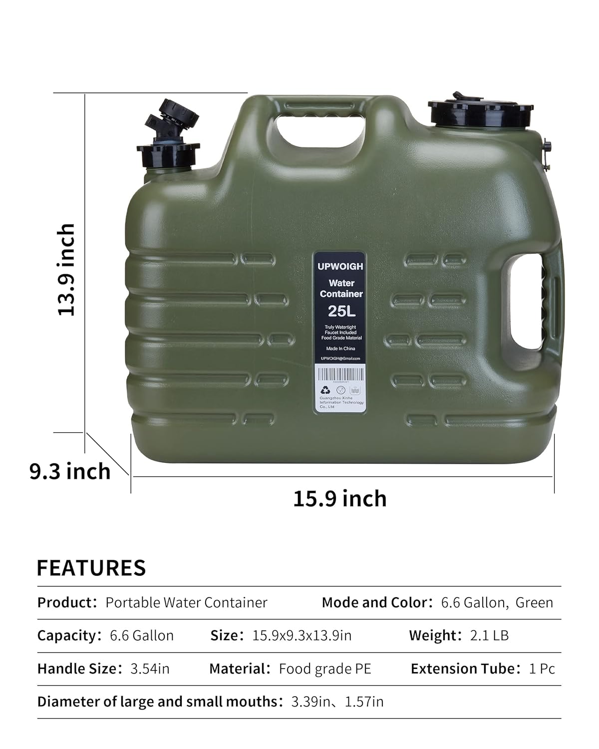 UPWOIGH Camping Water Container, 6.6 Gallon Big Water Jug(25L), Truly No Leakage Water Storage, Military Green Water Tank,BPA Free Overlanding Gear