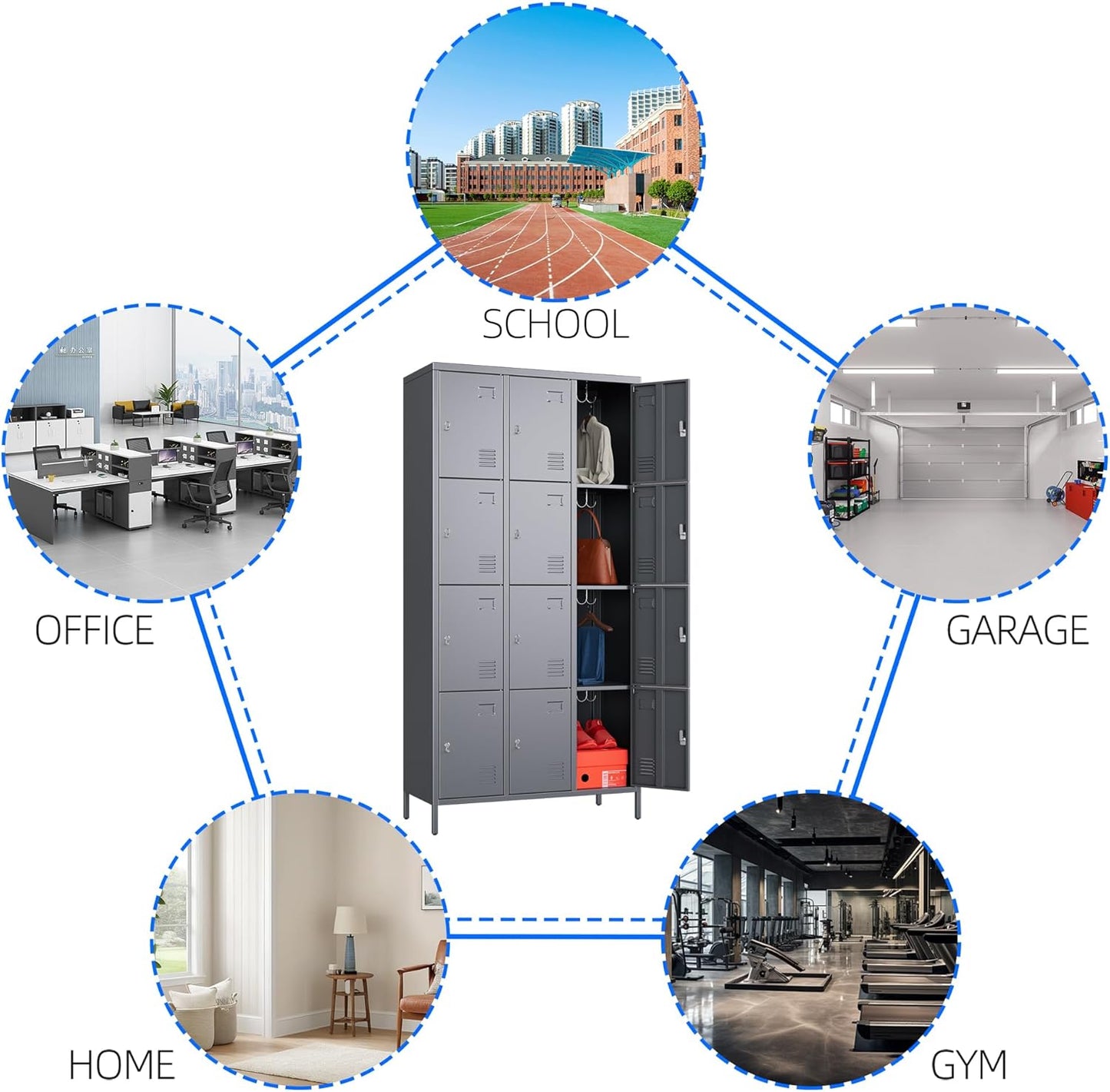 12 Doors Metal Locker for Employees with Business Card Holder,Metal Locker with 12 Hooks and Ventilation Holes for School Garage Office Gym Home,Assembly Required,Dark Grey