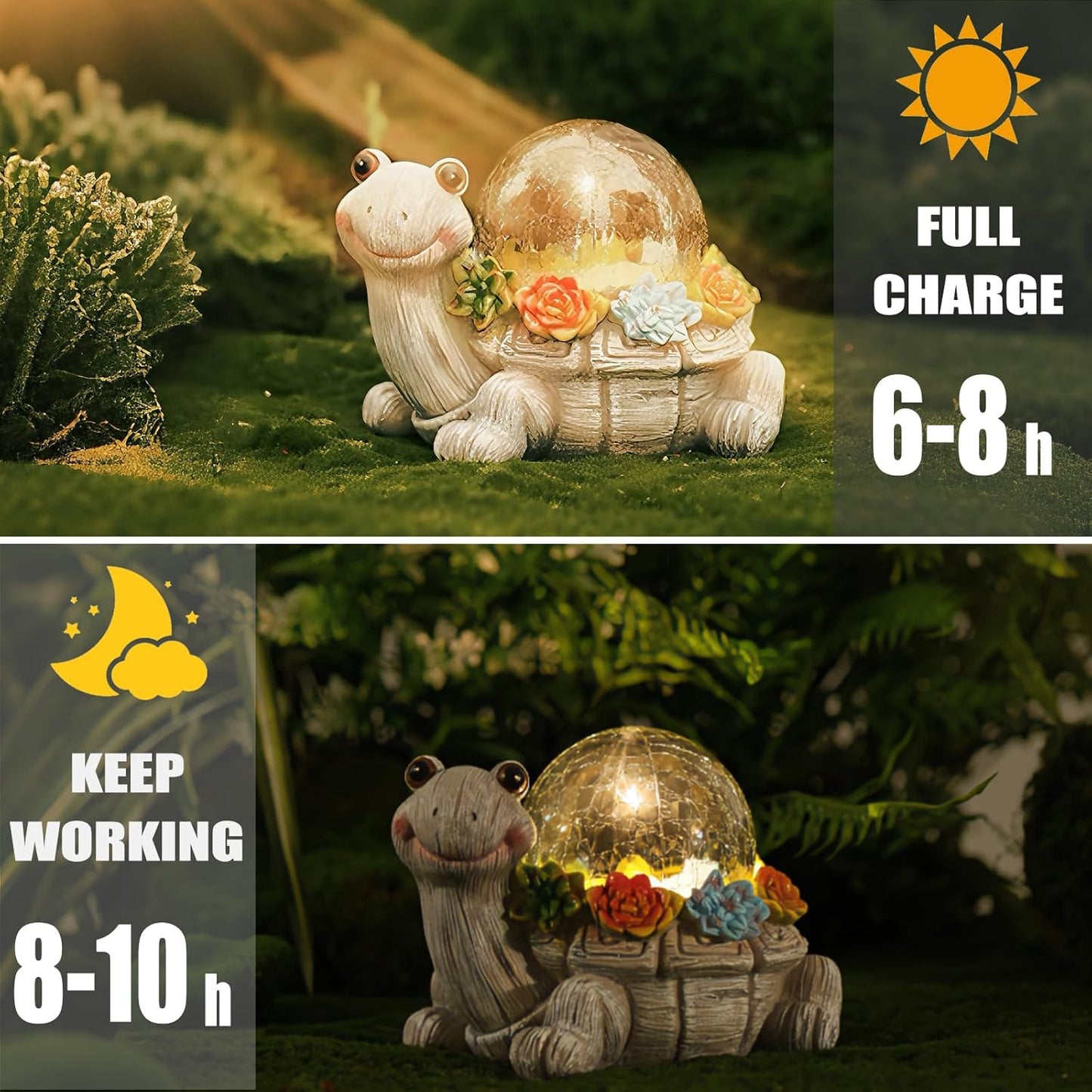 Solar Turtle Garden Statue Lights for Outdoor Decor with Cracked Glass LED Figurine Lighting Resin Succulent Tortoise Decorations Patio Lawn Yard Housewarming Mom Gifts (Grey, Large)