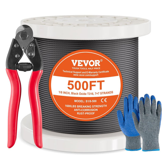 VEVOR 1/8 Black Stainless Steel Cable, 500 FT 316 Black Cable Railing Kit, Cable Railing System Wire Rope with Cutter & Gloves, 7x7 Strands Core Marine Aircraft Cable for Handrail Stair Deck Fence