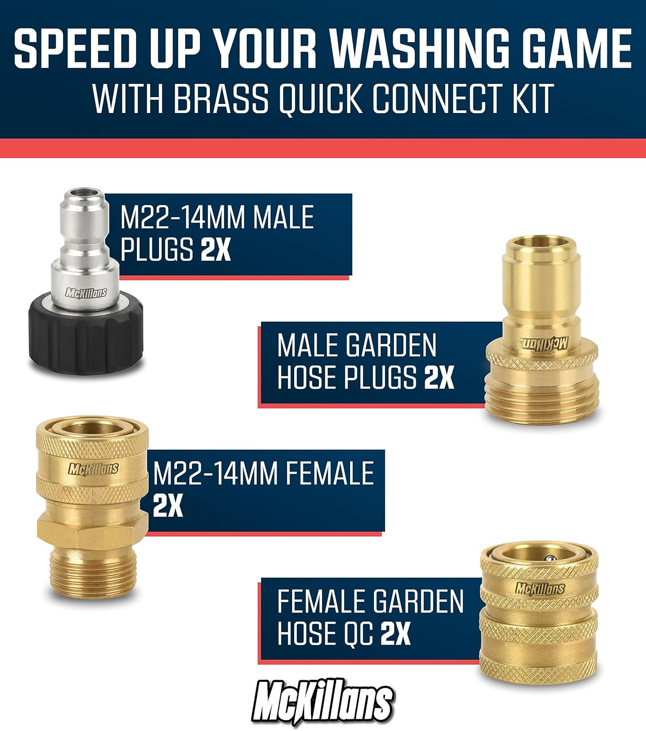 McKillans® Pressure Washer Quick Connect Kit, M22-14mm to 3/8" Male Female Quick Disconnect Kit for Power Washer (Brass)