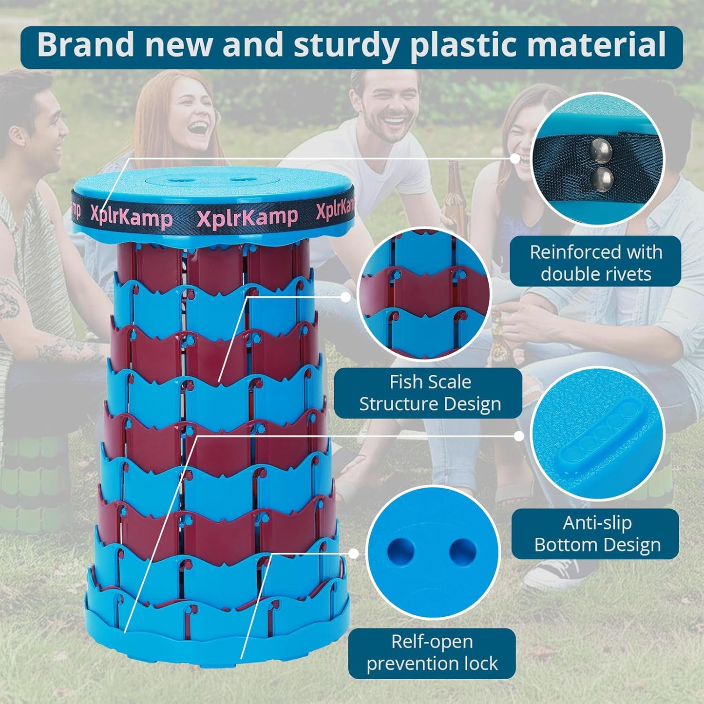 Retractable Folding Stool - Heavy Duty 400 lb Collapsible Portable Stool for Camping, Hiking, Fishing, Indoor/Outdoor with Non-Slip Base and Lightweight Design (Blue Purple, 2-Pack)