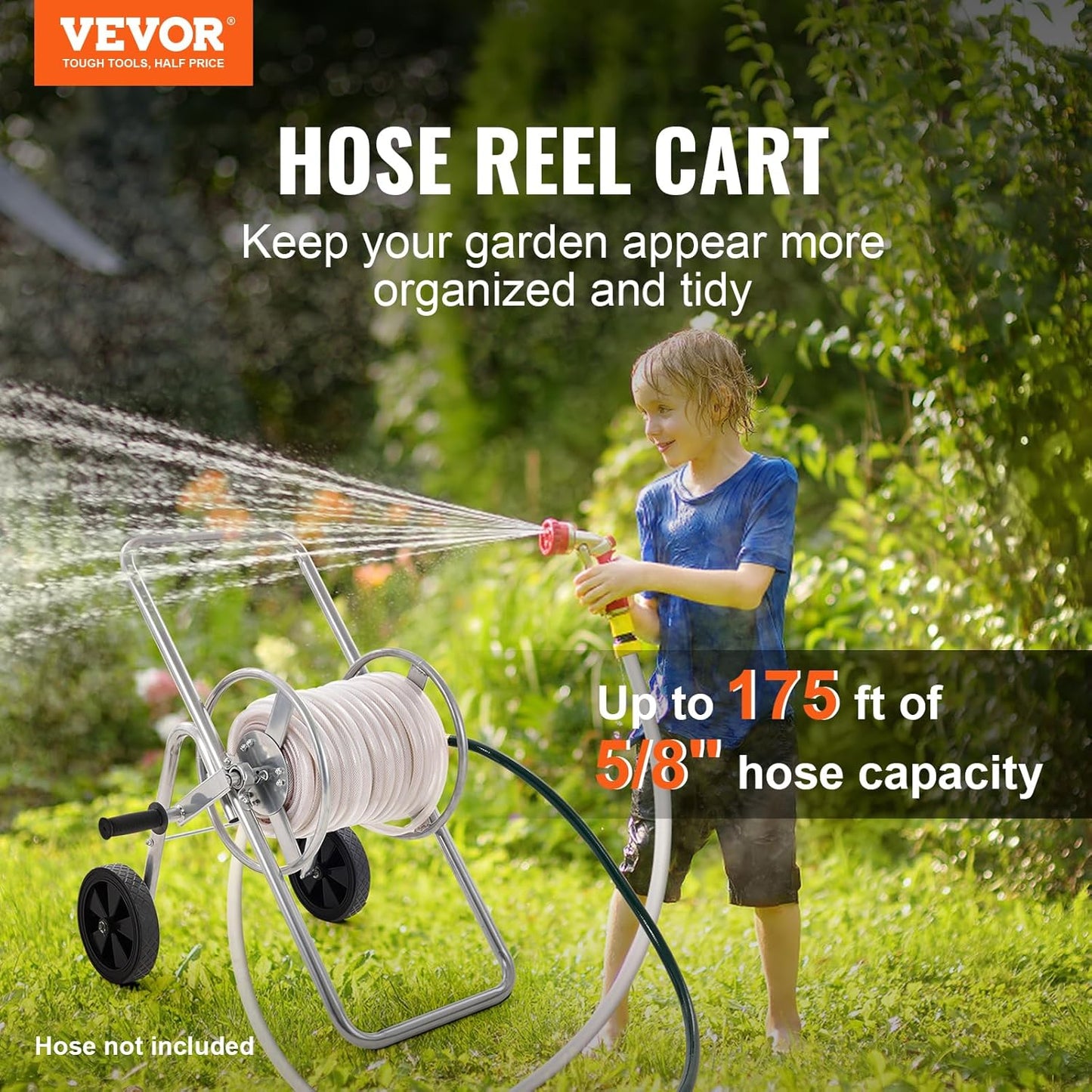 VEVOR Hose Reel Cart, Hold Up to 175 ft of 5/8’’ Hose (Hose Not Included), Garden Water Hose Carts Mobile Tools with Wheels, Heavy Duty Powder-coated Steel Outdoor Planting for Garden, Yard, Lawn