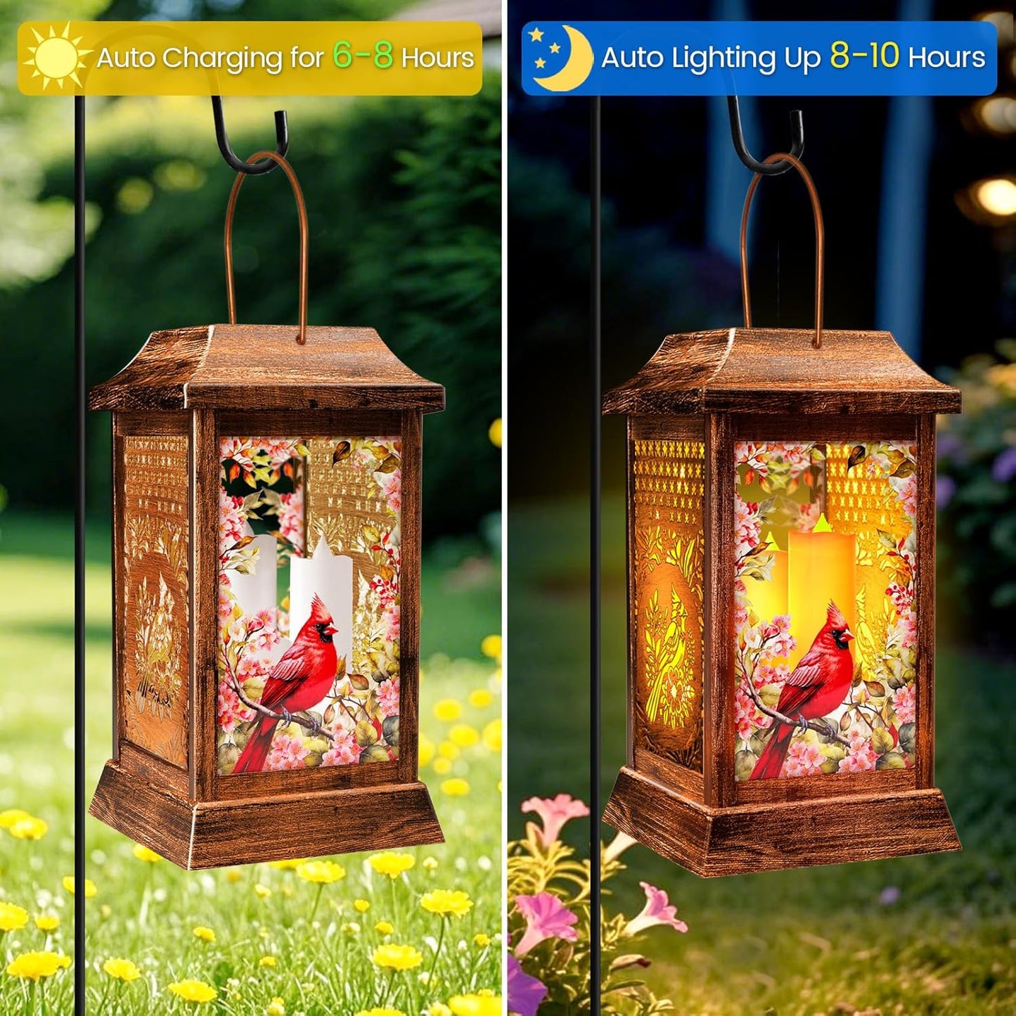 Cardinal Solar Lanterns Outdoor Hanging Lanterns, Metal Glass Garden Decor Solar Lights, Gifts for Women Mom Birthday Grandma Mothers Day, Waterproof Decorative Lantern for Outside Patio Yard