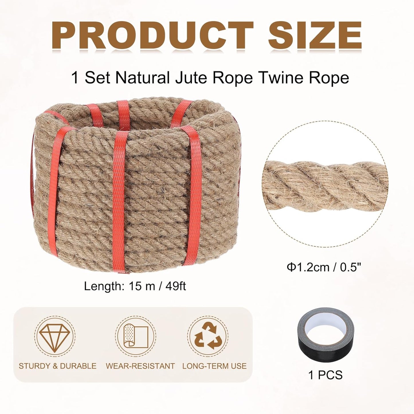 MECCANIXITY Jute Rope 0.5 Inch x 49ft, Thick Twine Rope Ropes Braided Jute Twine Natural Brown Burlap Cord String Heavy Twisted with Tape for Decorative Crafts Railing Swing Tug of War
