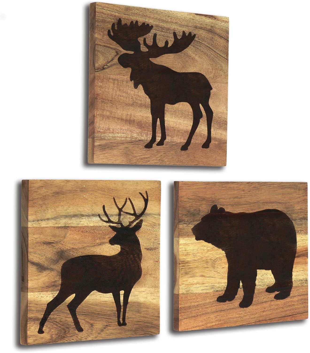HomeRustique Real Wooden Cabin Decor with Bear, Deer and Moose (Set of 3) - Woodland Rustic Cabin Wall Decor & Art for Home, Living Room, Hunting Theme, Mountain Lodge or Bathroom
