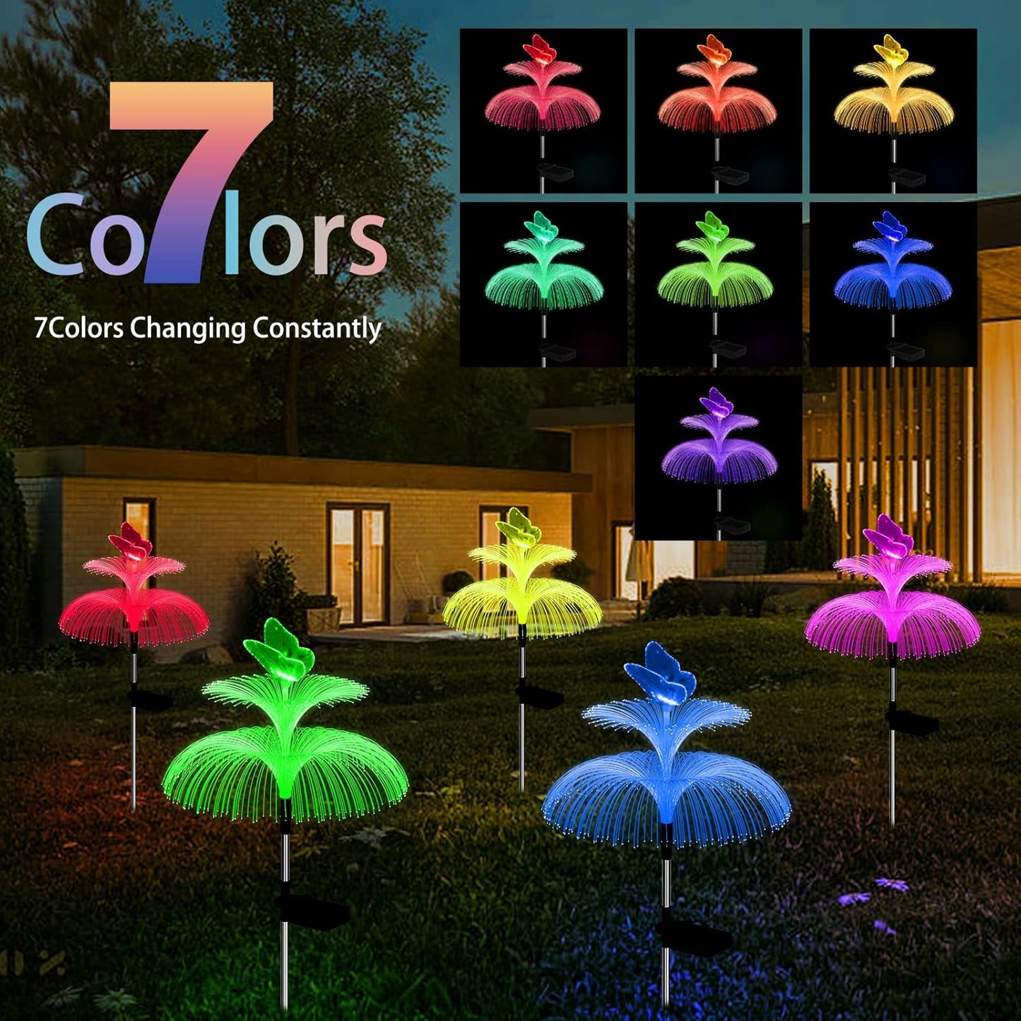 Solar Garden Lights Waterproof 3 Pack Solar Lights Outdoor Decorative 7 Color Changing Double Jellyfish and Butterfly Flower Garden Decor Yard Christmas Pool Outdoor, Gifts for Mother's Women