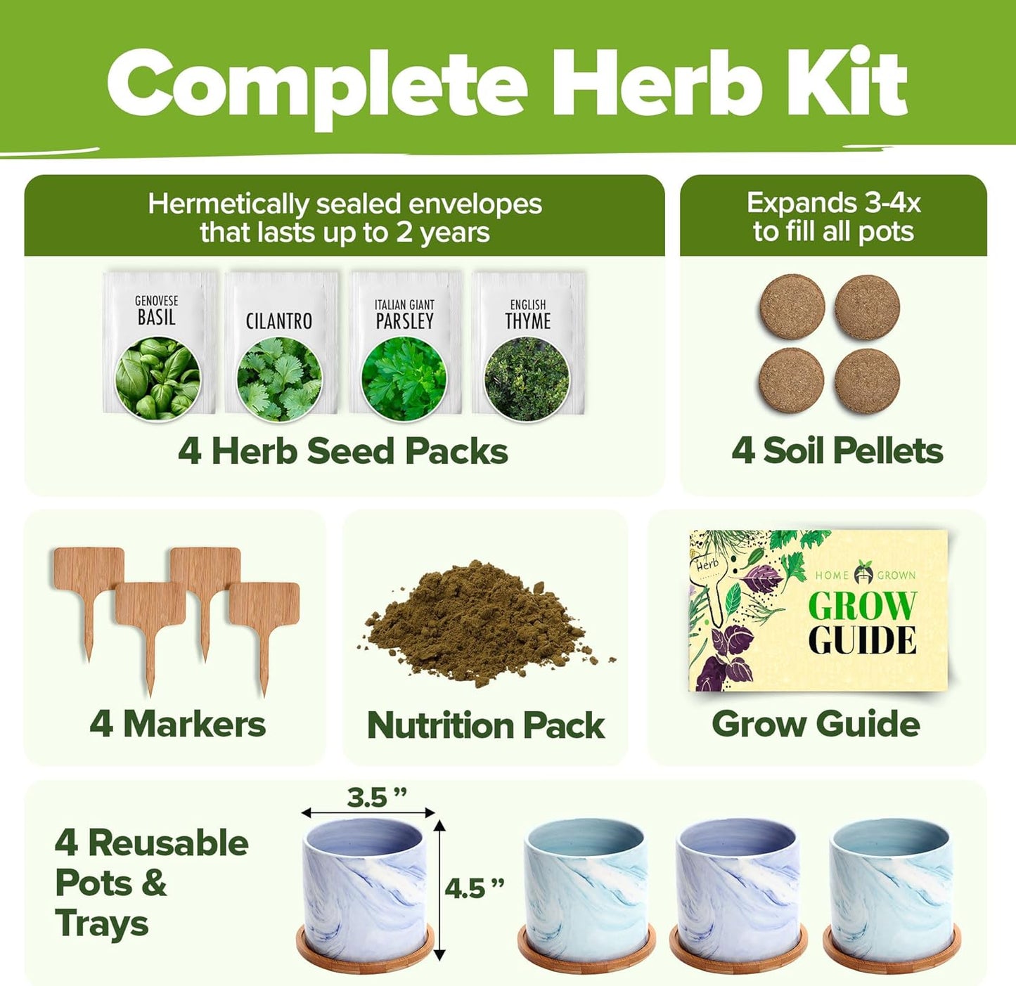 HOME GROWN Indoor Herb Garden Kit w/Glazed Ceramic Pot - Easy-to-Grow Kitchen Window Gardening Starter Set - Unique Housewarming Gift for Women, Mom, Gardeners, Friend, Her, Mother