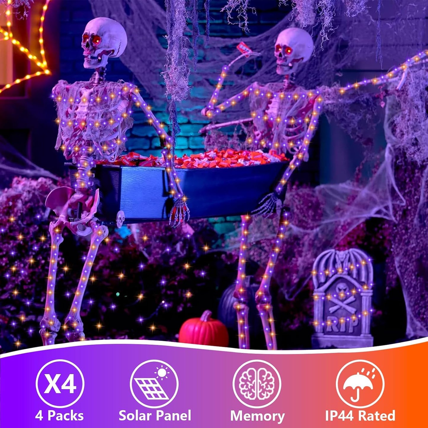 QITONG 4 Pack Orange and Purple Solar Fairy Lights, Each 33ft 100 LED Halloween Lights Outdoor Waterproof, 8 Modes Copper Wire Solar String Lights