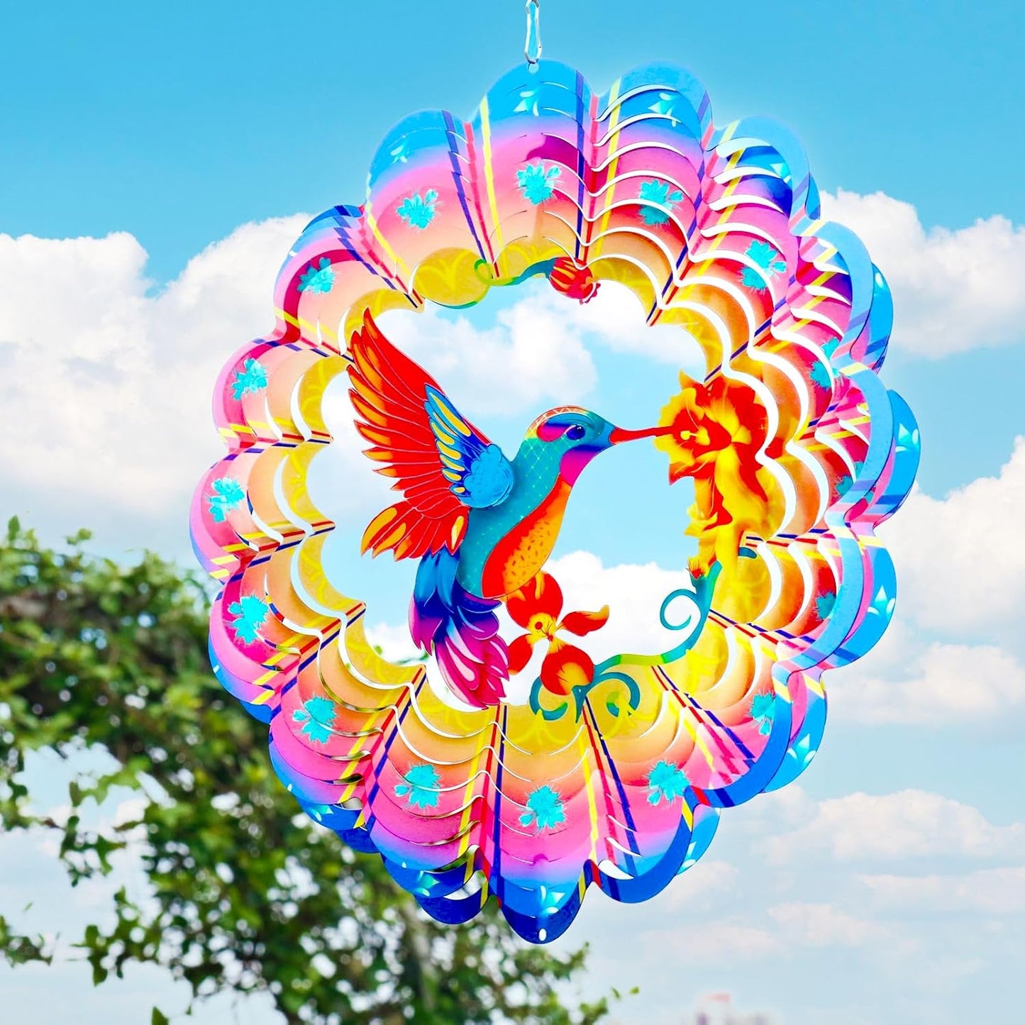 Wind Spinners Outdoor Hummingbird Art12 inch 3D Stainless Steel Laser Cut Metal Art Geometric Pattern Wind Sculpture Hanging for Yard Garden Decorations Gifts Outdoor