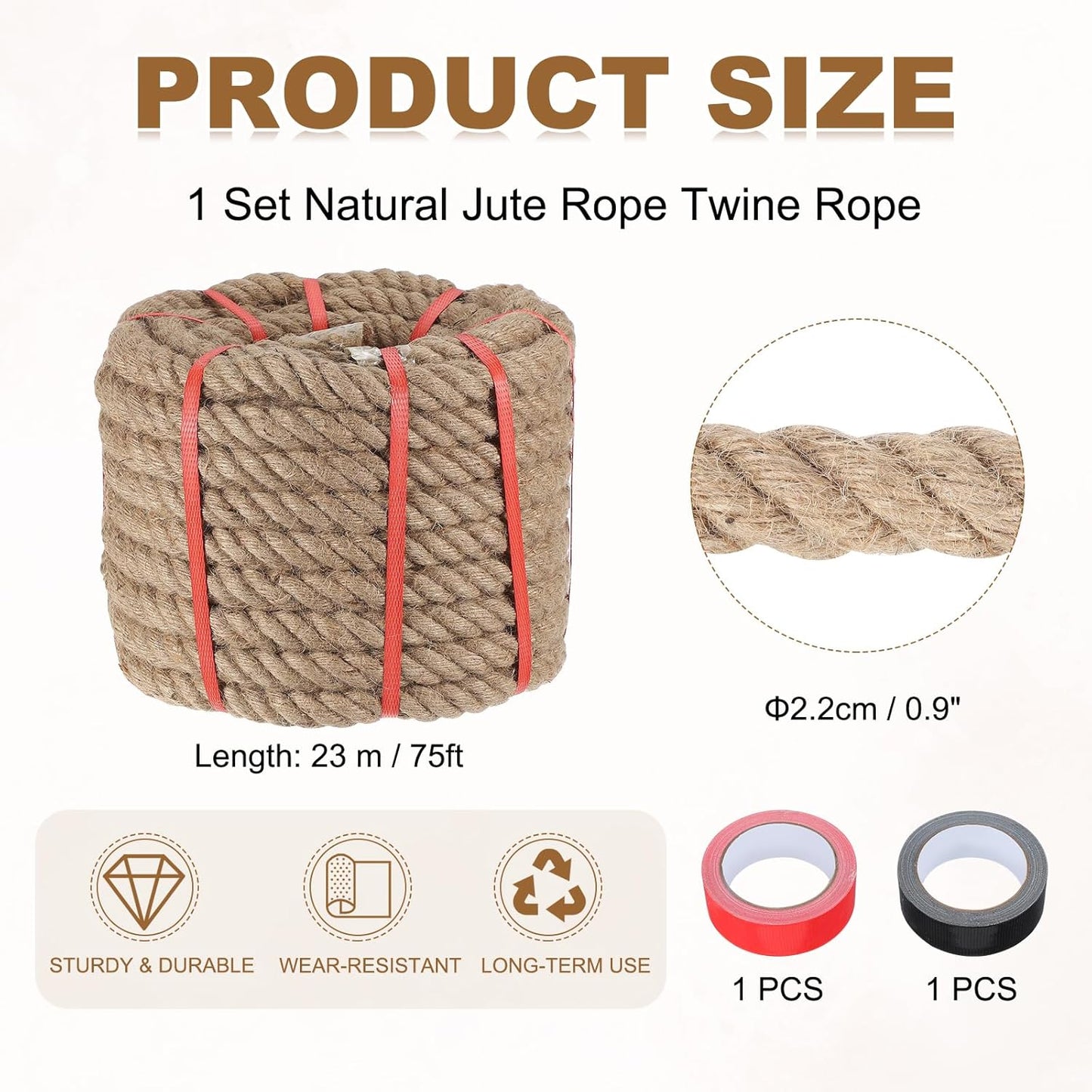MECCANIXITY Jute Rope 0.9 Inch x 75ft, Thick Twine Rope Ropes Braided Jute Twine Natural Brown Burlap Cord String Heavy Twisted with Tapes for Decorative Crafts Railing Swing Tug of War