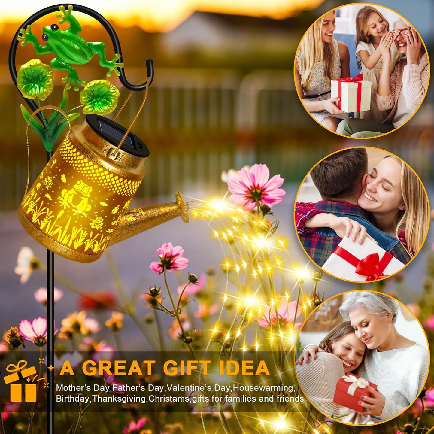 Solar Lanterns Outdoor Garden Decor, Mothers Day Gifts for Women Mom Grandma Birthday, Large Frog Hanging Watering Can with Shepherd Hook, Waterproof Garden Lights for Outdoor Landscape Pathway Yard