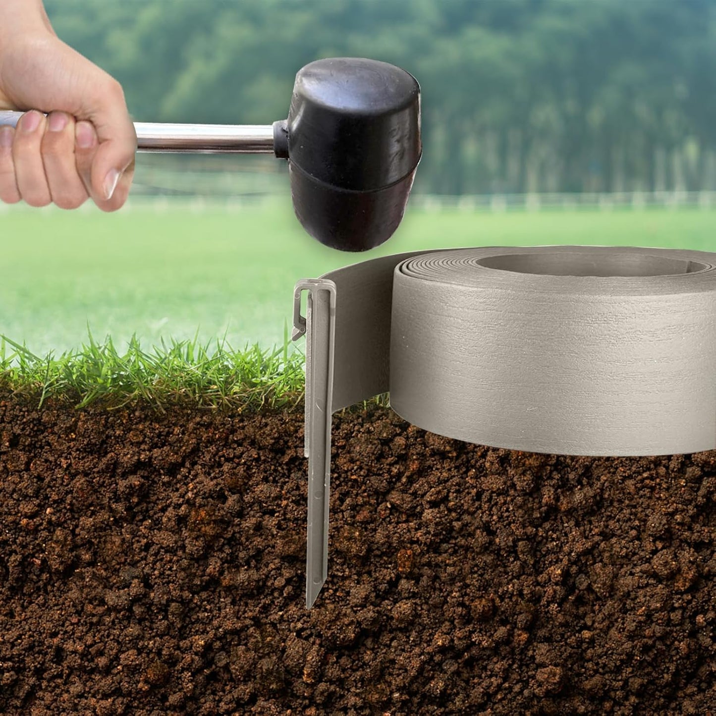 Landscape Edging Kit, Include 4 Inch High 40 Feet Length Terrace Board, 20 Durable Spikes, Edging Pruning Shear, Rubber Mallet Hammer, Gray