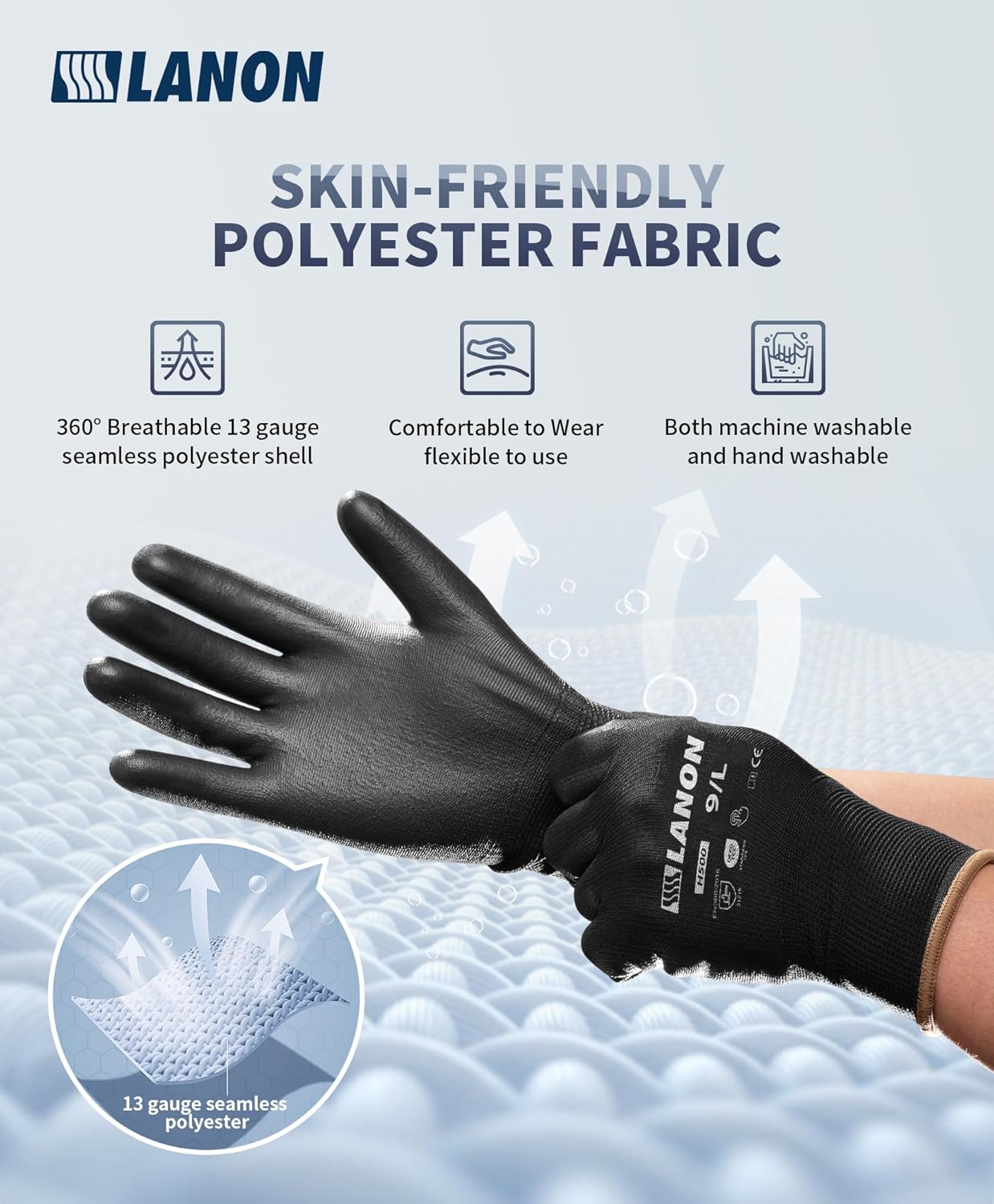 LANON Safety Work Gloves for Men and Women, 18 Pairs Mechanic Black Working Gloves with Grip Odorless PU Coated, Seamless Knit, Full Fingertip Touchscreen for Light Duty Working Gloves, Small