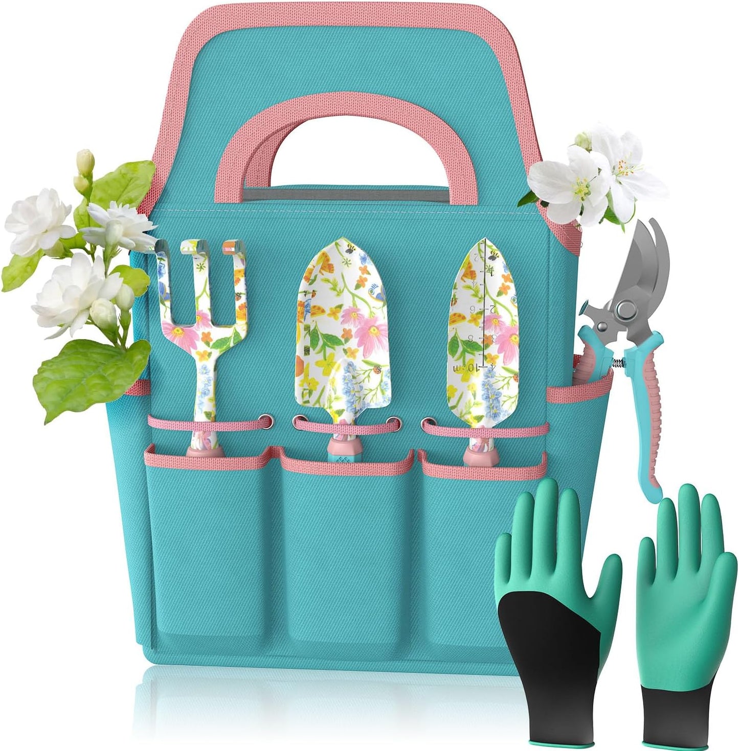 6 Pcs Garden Tool Set, Gardening Hand Tools Aluminum Alloy Starter Kit with Garden Bag, Heavy Duty Outdoor Tool Set with Ergonomic Handle, Gardening Gifts (Flower Pattern)