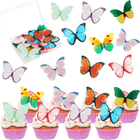 50 PCS Edible Butterfly Cupcake Toppers Butterfly Cupcake Picks Wafer Paper Butterfly Cupcake Decorations for Butterfly Theme Baby Shower Wedding Birthday Party Cake Decorations Supplies Colorful