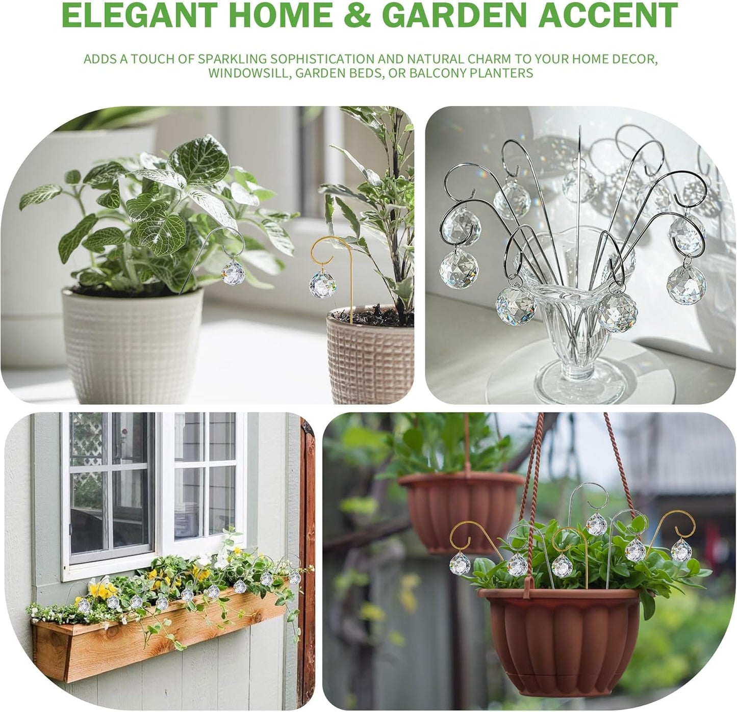 HDCRYSTALGIFTS 9pcs 30mm Crystal Ball Prism Suncatchers with 7.5'' Gold Plant Pot Trellis for Miniature Garden and Potted Plant Decorations, Fairy Garden Sun Catchers for Indoor Plants Accessories