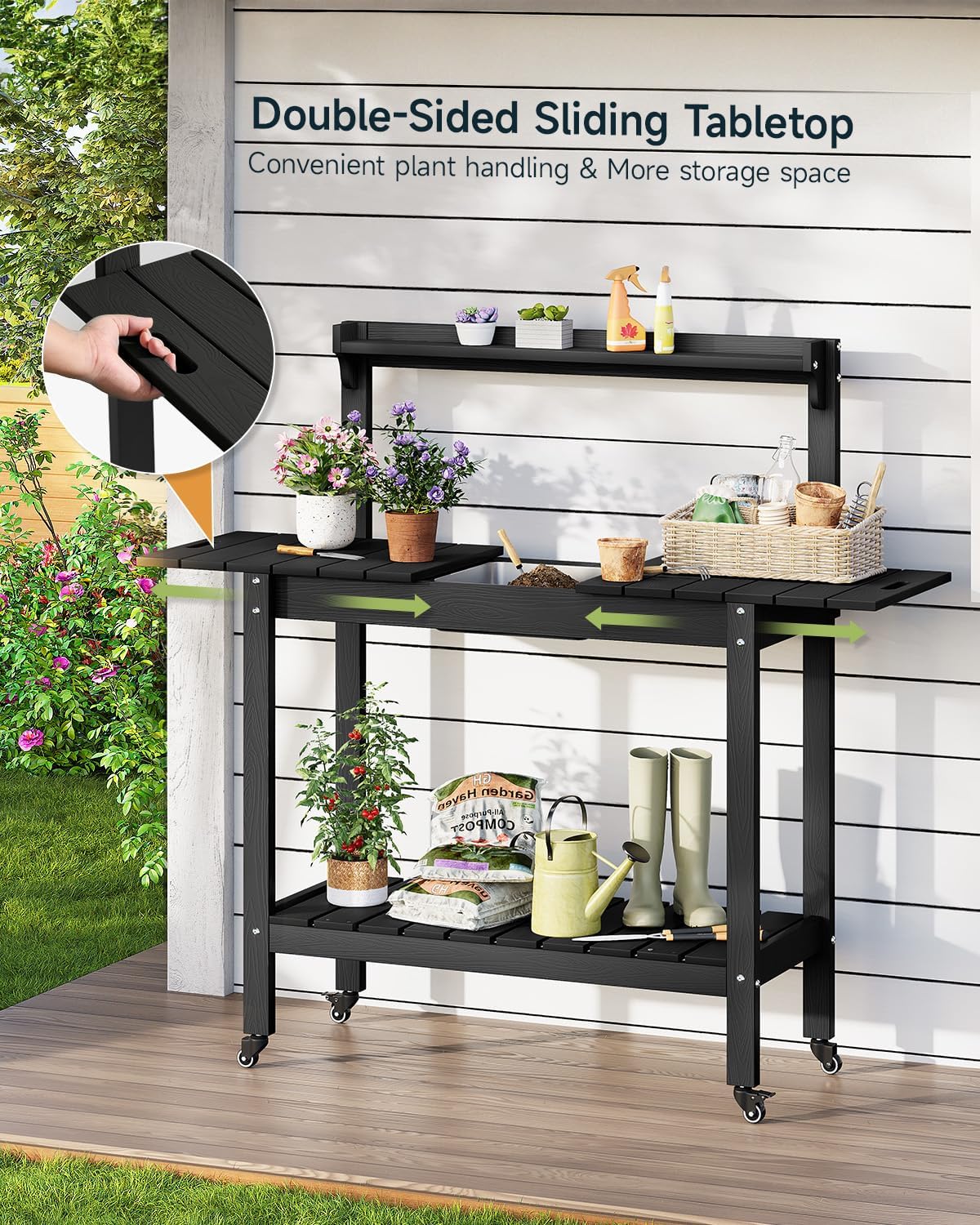 HDPS Outdoor Potting Bench with Sliding Tabletop/ 4 Wheels/Removable Sink, All-Weather Outside Garden Work Table, No Rust/Fade/Break, Potting Station for Porch, Patio & Backyard (Black)