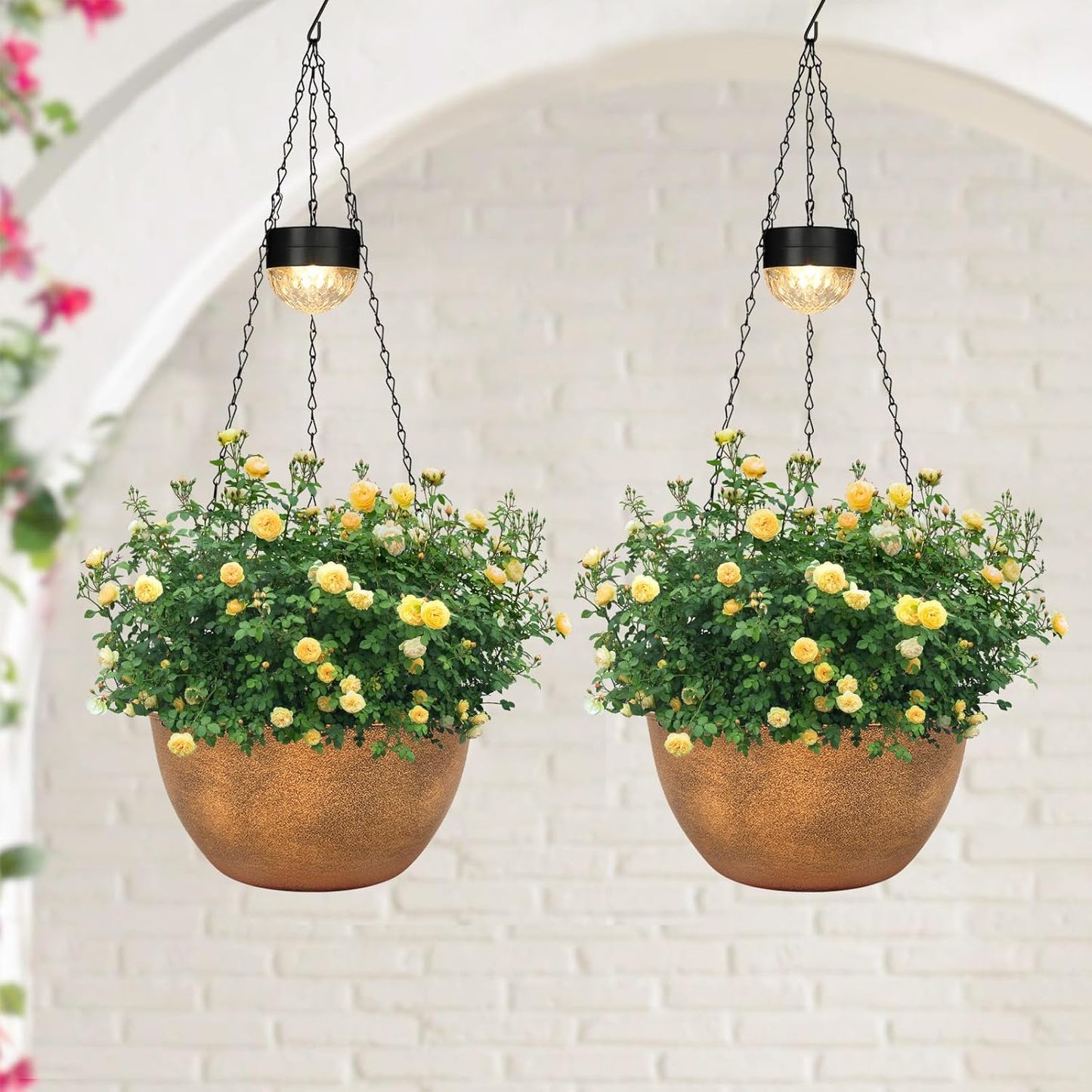 2 Packs Hanging Planters Basket for Outdoor Plants, Solar Powered Self Watering Bronze Round Plastic Flower Pots with Drainer for Balcony Patio Garden Outdoor Decoration