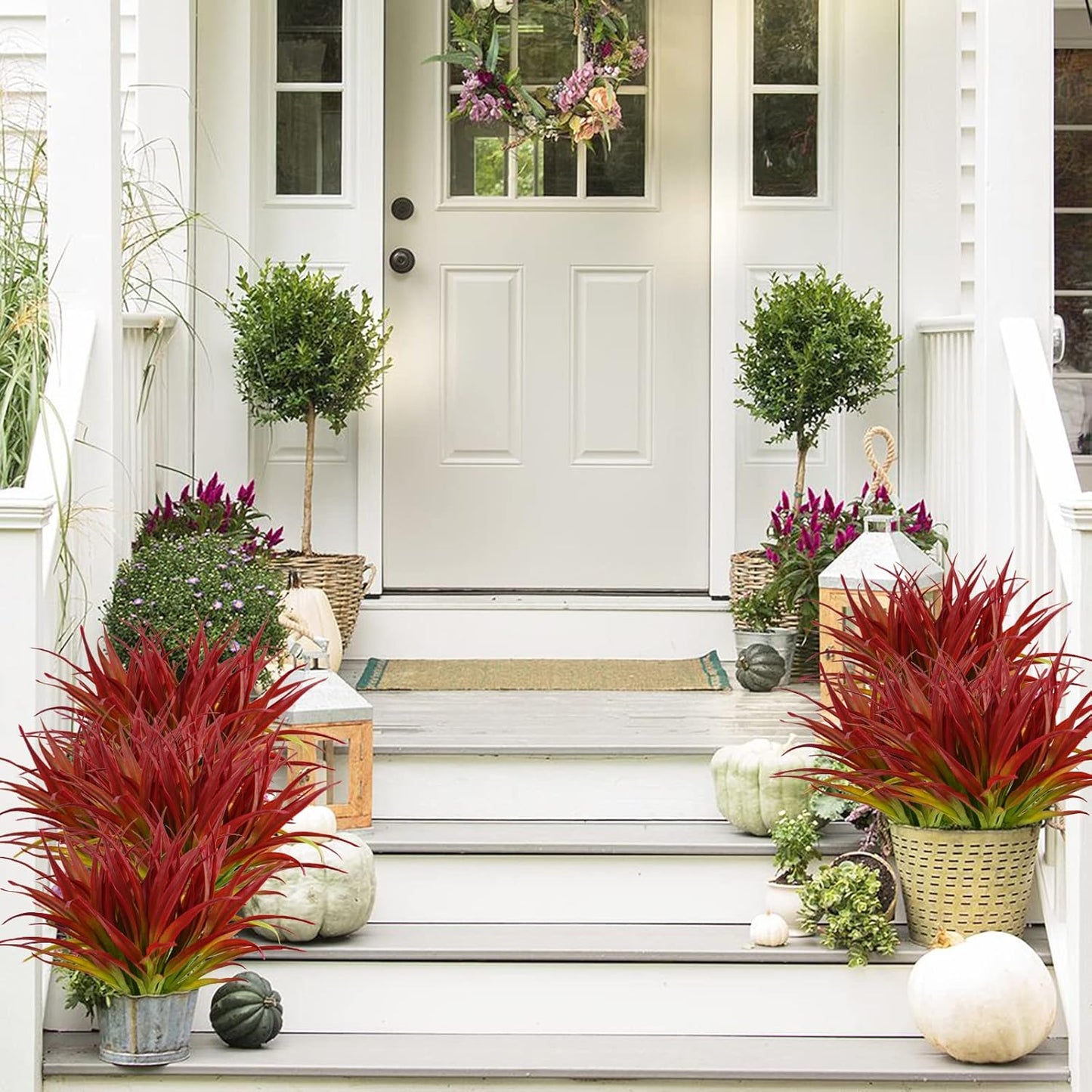 16Pcs Artificial Grass Fake Plants 17.3in Outdoor Plants UV Resistant Greenery Stems Fake Grass for Home Window Garden Office Patio Pathway Front Porch Décor Light Green & Red