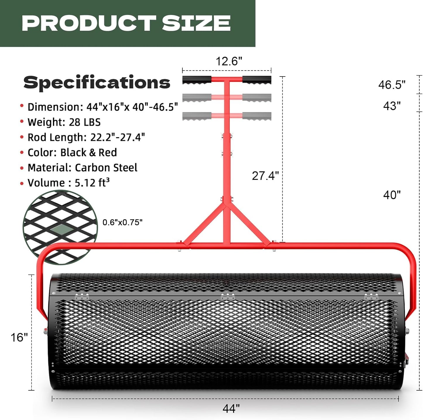 Compost Peat Moss Spreader for Lawn, 44 Inch Compost Roller Spreader with Adjustable T-Shaped Handle, Upgraded Side Clasps, Durable Lightweight Metal Roller, Lawn Garden Yard Care