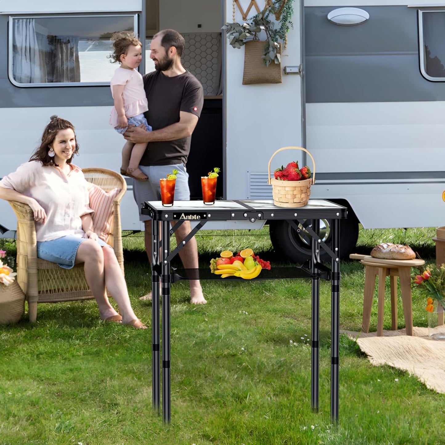 Folding Camping Table with Storage Net, 3 Adjustable Height Max 27.5" Aluminum Small Folding Table, Portable Table with Carry Handle, Lightweight, for Outdoor Indoor Travel Camping Picnic