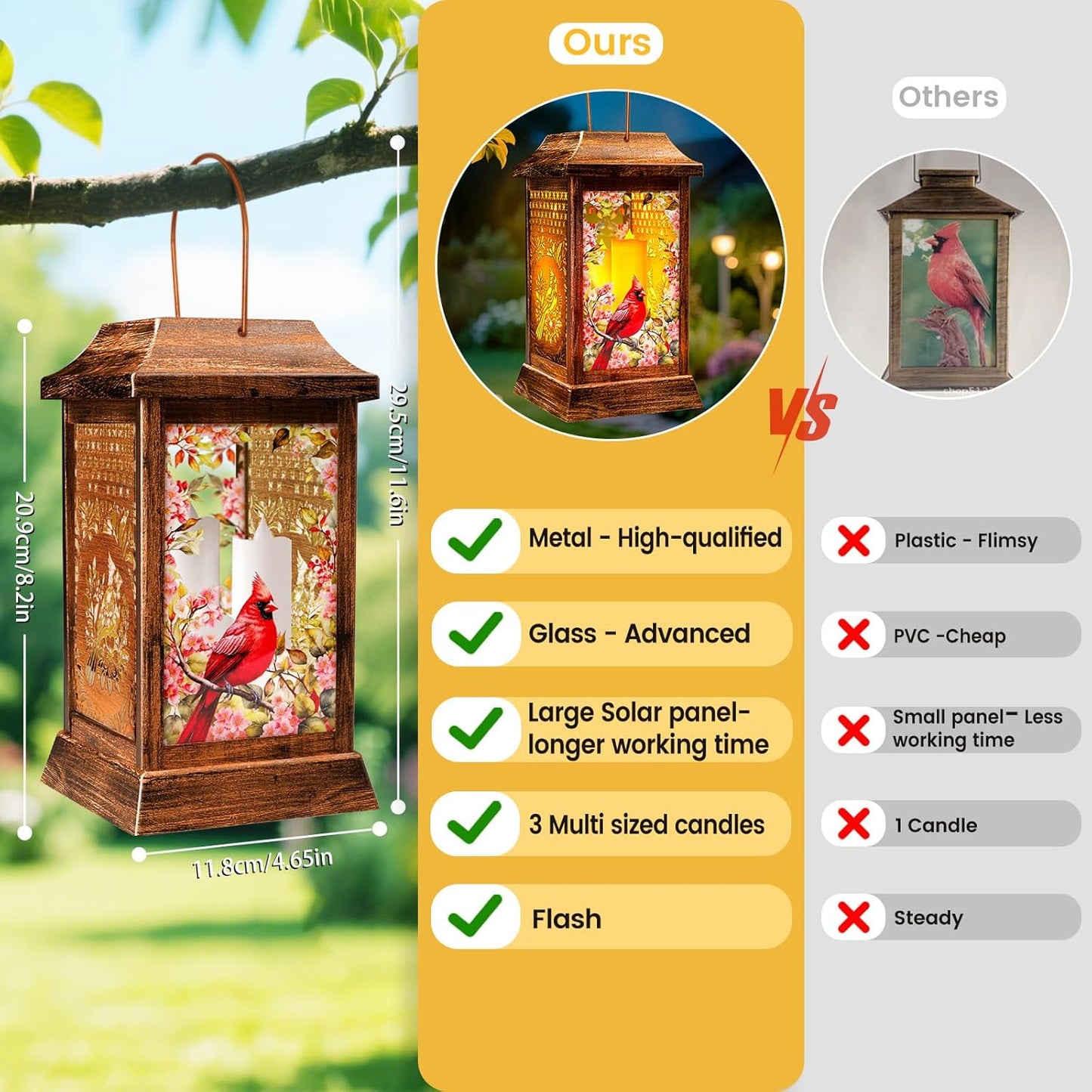 Cardinal Solar Lanterns Outdoor Waterproof, Metal & Glass Hanging Lights Garden Decor, Birthday Gifts for Women Mom Grandma Mothers Day, Decorative Lights for Outside Yard Patio Backyard Porch