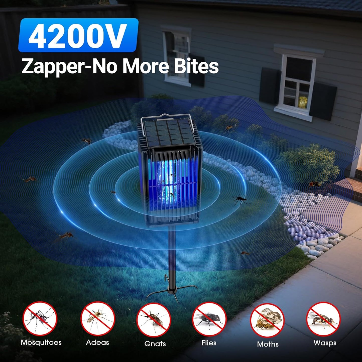 Solar Bug Zapper Outdoor Waterproof, Solar Mosquito Zapper Outdoor with Ground Bracket, Cordless Fly Zapper with Illuminated Light, 5000mAh Rechargeable Mosquito Killer