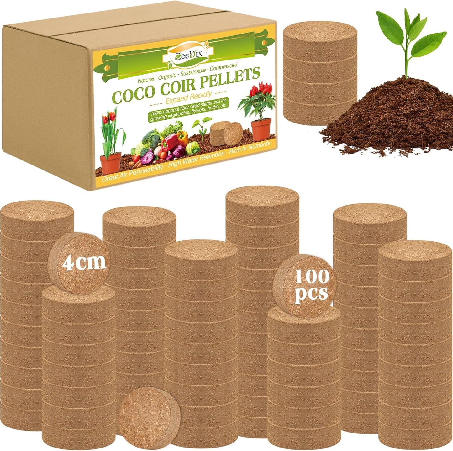 ZeeDix 100 Pcs 40mm Organic Coco Coir Pellets, Compressed Coconut Coir Seed Starter Expanding Soil Discs Potting Soil Dirt Pellets for Planting Bonsai, Herbs, Plants, Flowers and Vegetables