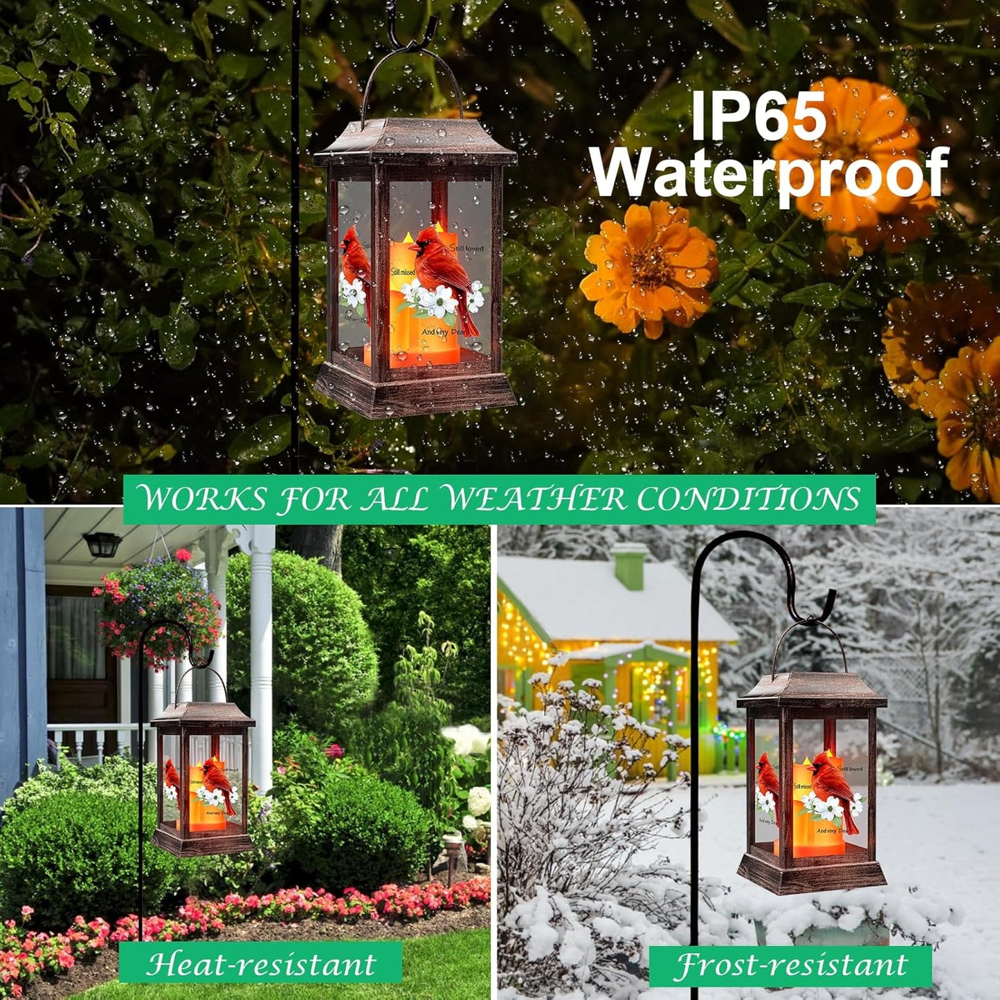 Solar Lanterns Outdoor Hanging Lanterns, Metal with Glass Cardinal Solar Lights, Waterproof Decorative Lantern Garden Decor for Outside Table Patio Yard, Memorial Gifts Grave Decorations for Cemetery