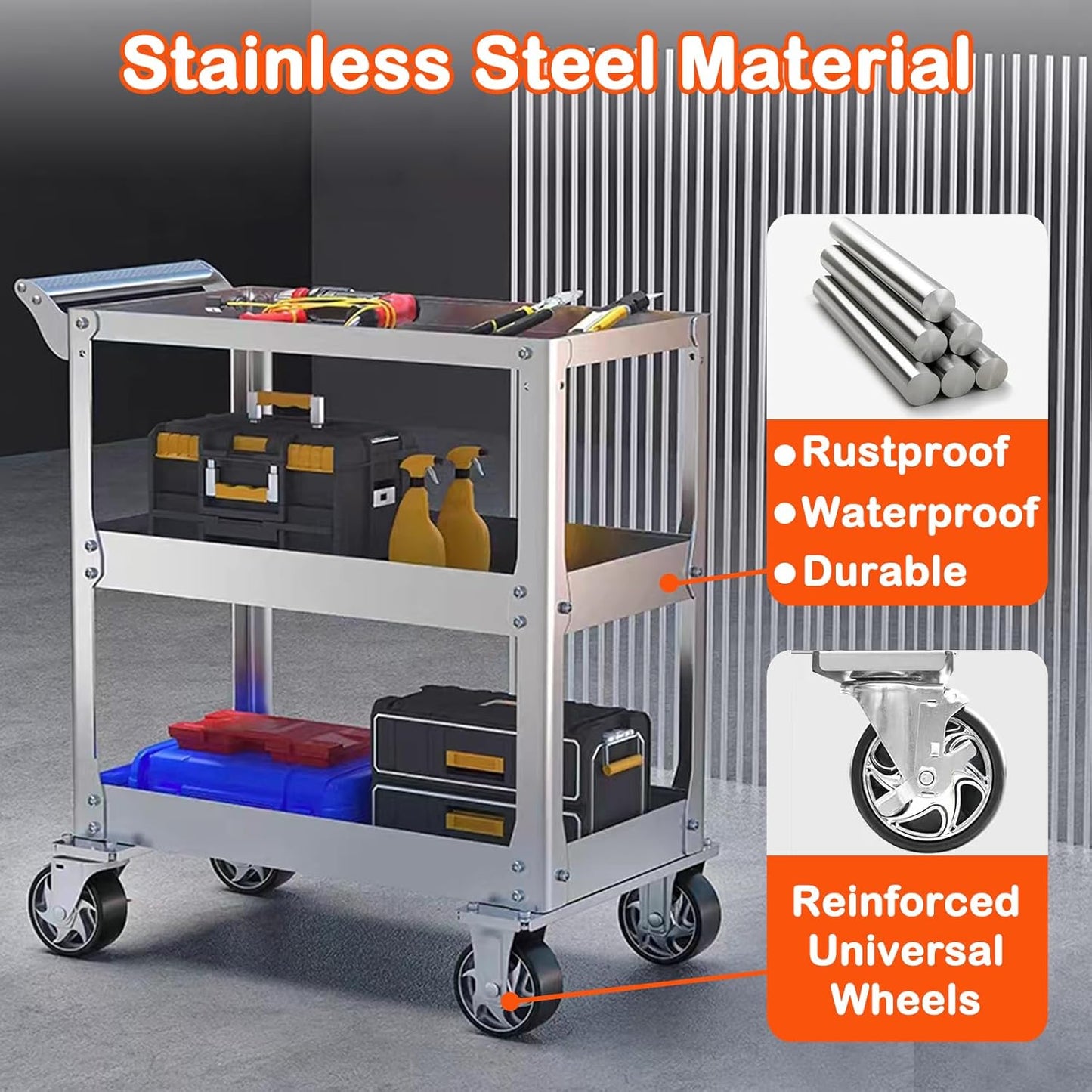 DDJ Stainless Steel Utility Cart on Wheels, 3-Tier 1100 lbs Heavy Duty Tool Cart with Wheels, Commercial Rolling Service Cart for Garage Workshop Warehouse Mechanic Kitchen 18.1" D x 30.7" W x 36.2" H