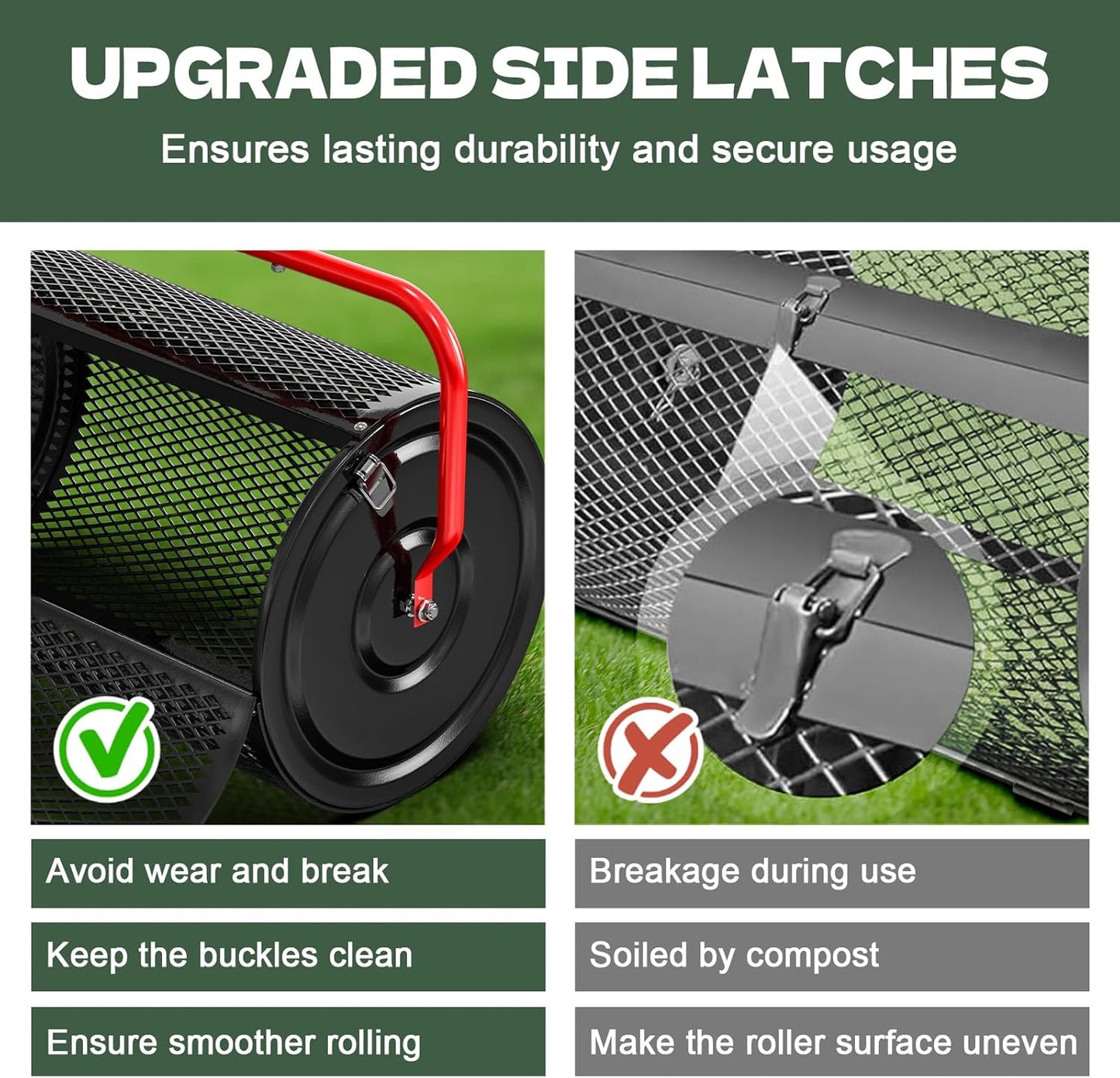 Compost Peat Moss Spreader for Lawn, 30 Inch Compost Roller Spreader with Adjustable T-Shaped Handle, Upgraded Side Clasps, Durable Lightweight Metal Roller, Lawn Garden Yard Care