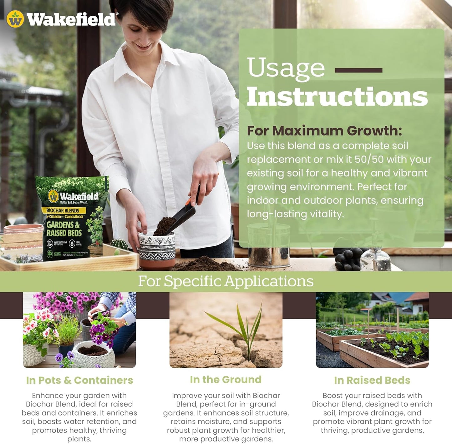 Wakefield Biochar Blend with CarbonBoost™ Technology – Enhanced Water & Nutrient Retention for Raised Bed Garden Soil - Ultimate Organic Potting Soil Mix for Vegetables, Gardens and Houseplants - 1CF