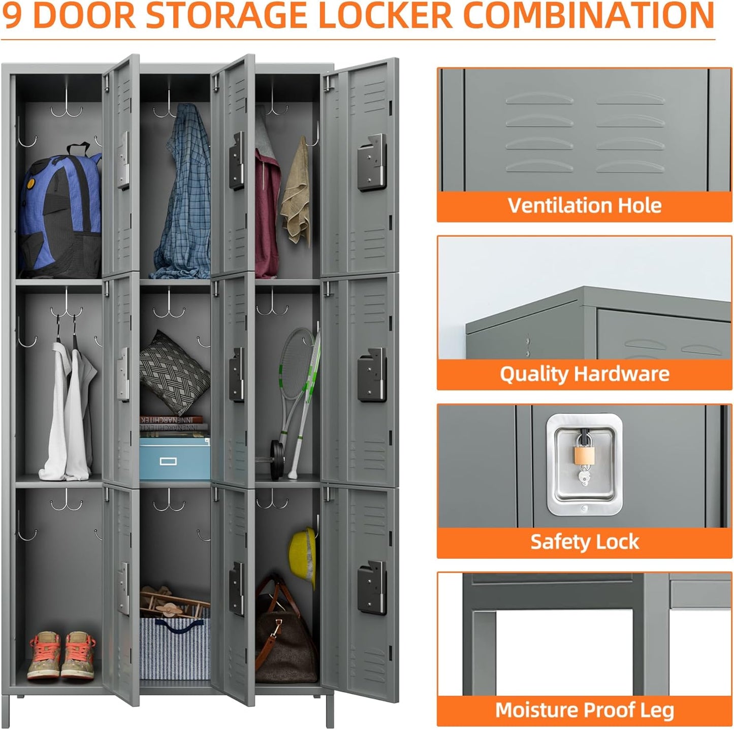 Metal Storage Locker with 9 Doors and 27 Hooks,Metal Lockers for Employees with Lock for School Garage Office Gym,Assembly Required,Light Grey