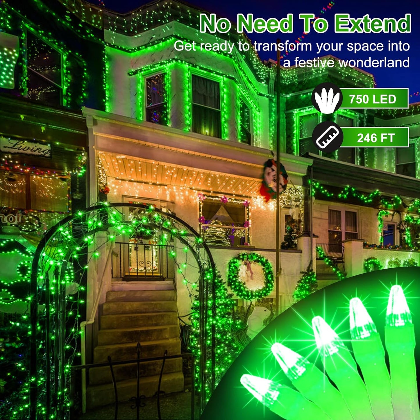 750 LED Christmas Lights Outdoor, 246ft 8 Modes Fairy Lights for Outside, IP44 Waterproof for Xmas Patio Yard Fence Deck Balcony Garden Decor Green